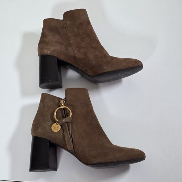 See By Chloe Brown Suede Ankle Booties US 8.5 EU 38.5 Spain Stacked Heel Elegant - Picture 8 of 16